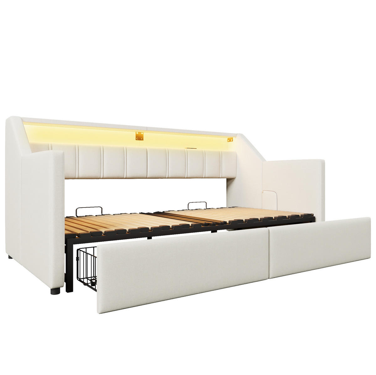 POSTEĽ z ľanu a MDF, 90/200 cm béžová, s USB, LED a úložným priestorom - béžová, textil (90/200cm) - BEAOK