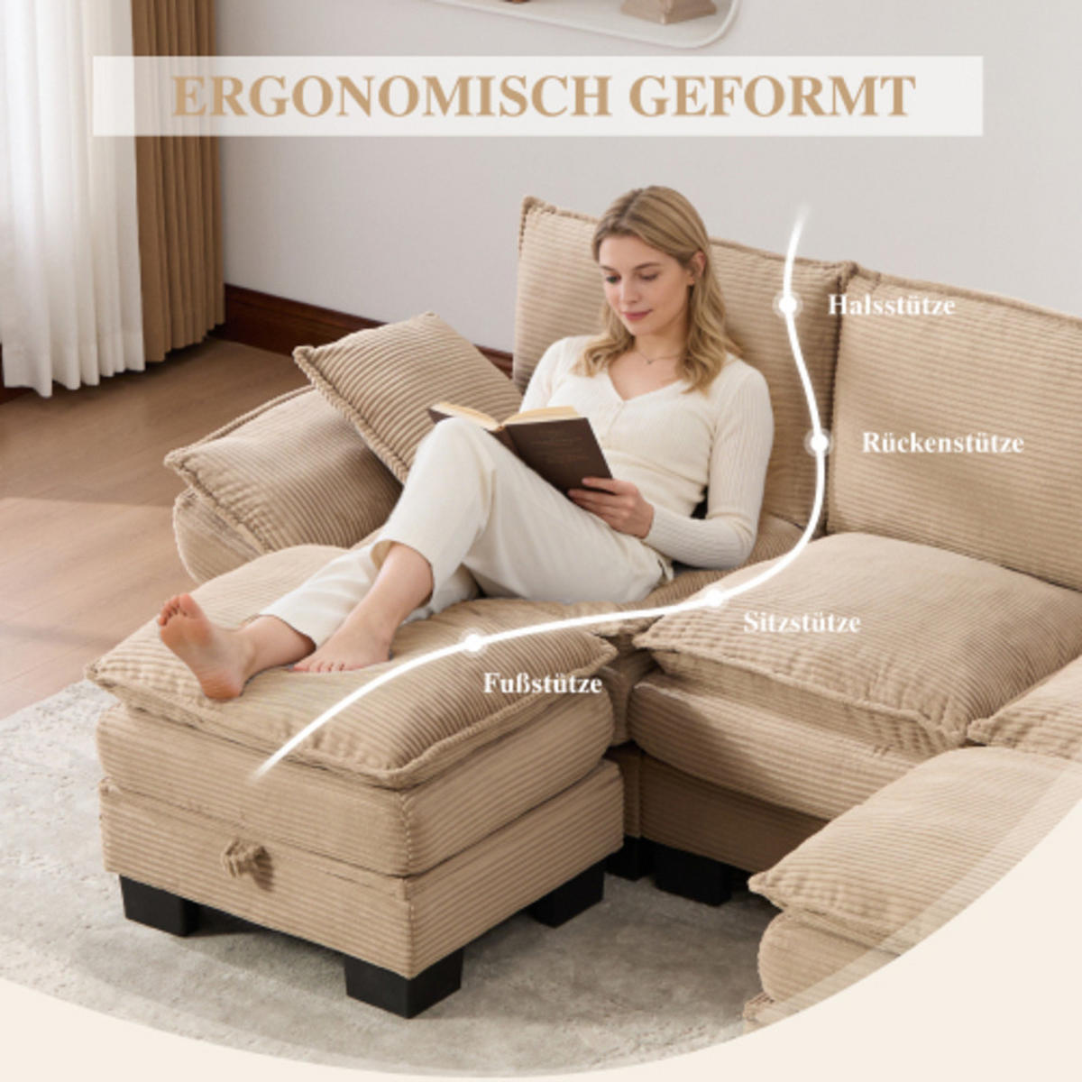 3-SITZER Sofa aus Corduroy 260x132x84 cm mit 2 Hockern & USB-C, beige - Beige, Textil (132/84/260cm) - Luhomfu
