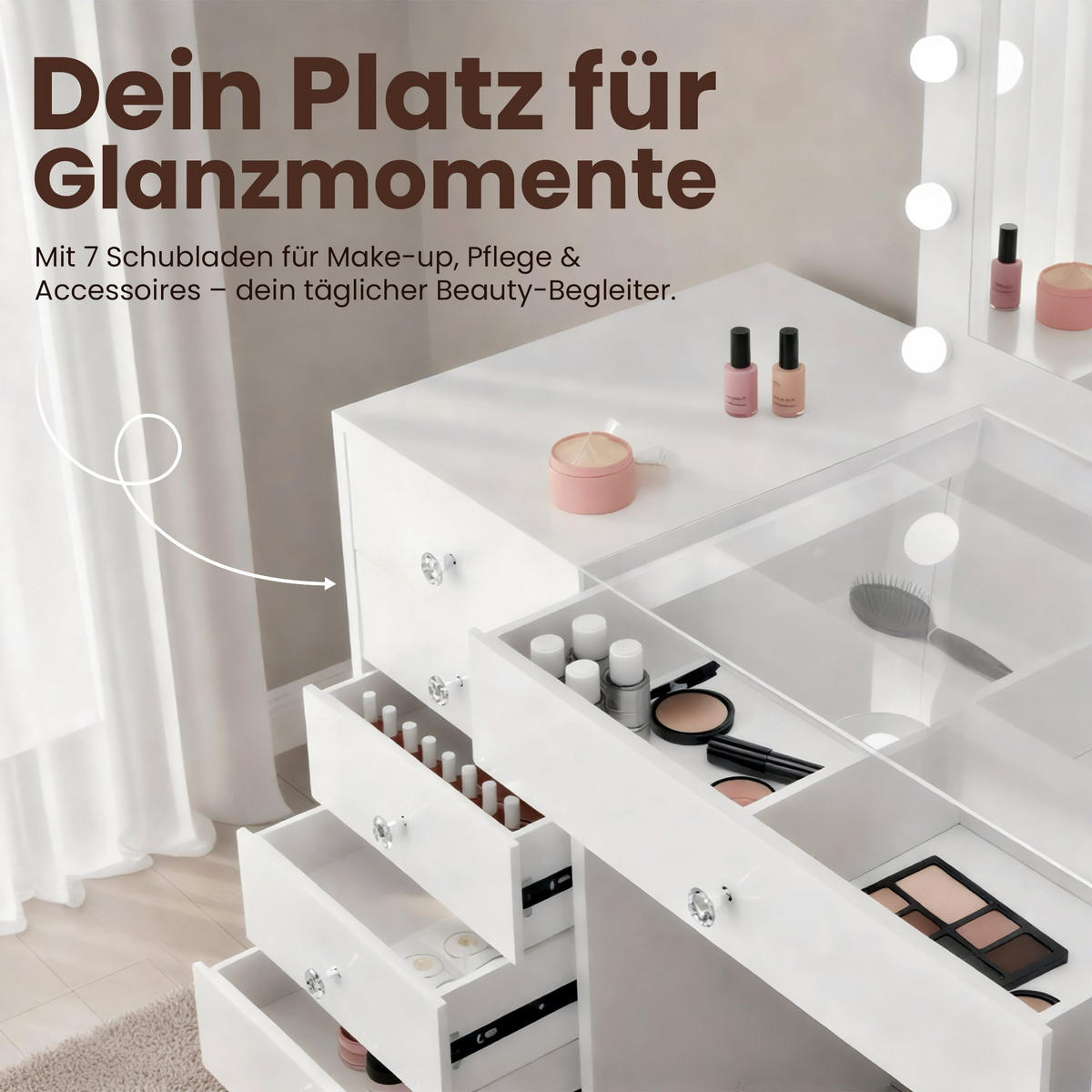 SCHMINKTISCH eckig 150/55/155 cm Holz Weiß - Weiß, Holz (150/155/55cm) - CLP