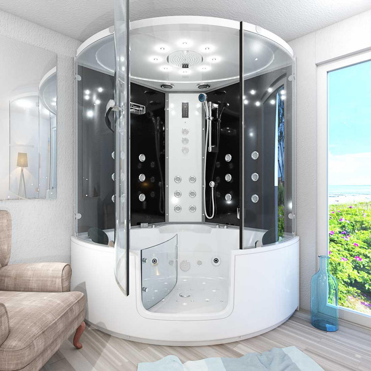 DAMPFDUSCHE Whirlpool K60-SW-TH - Schwarz, Glas/Kunststoff (140/140/210cm) - AcquaVapore by Sandra Jentho