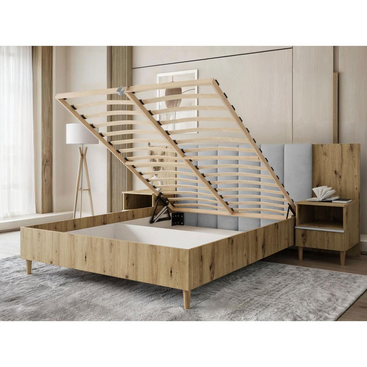 POLSTERBETT Lectus 166/211/108 mit 1 Nachttisch grau - Eiche Artisan/Grau, Holzwerkstoff/Textil (160/200cm) - Beautysofa