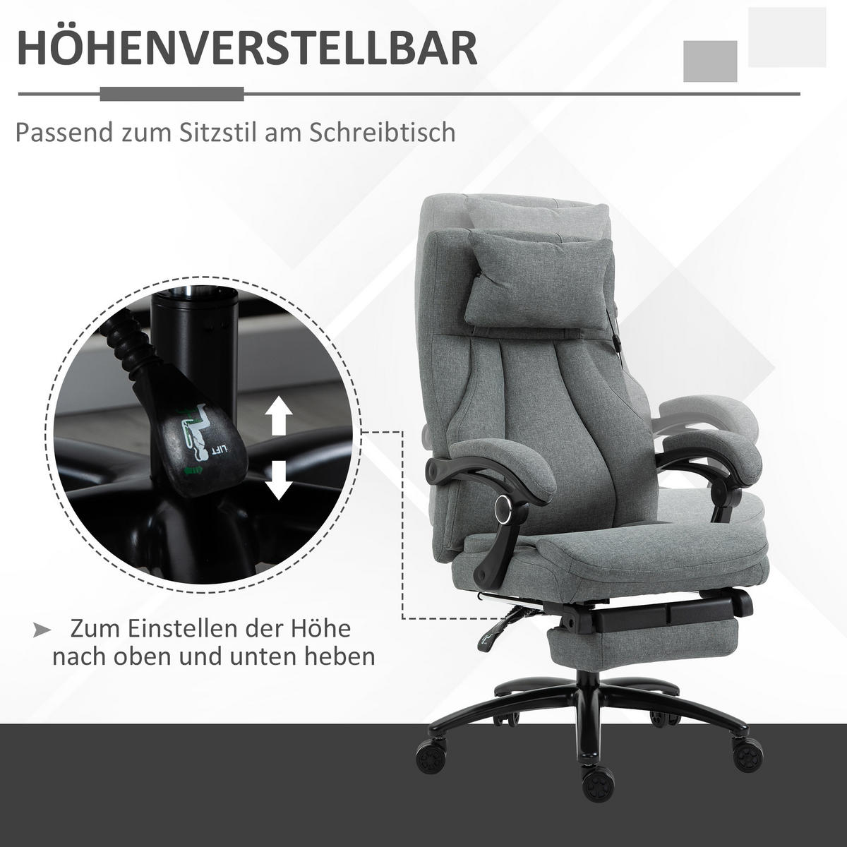 MASSAGEBÜROSTUHL Drehstuhl mit Fußstütze höhenverstellbar Leinen-Gefühl Grau - Grau, Kunststoff (74/117/64cm) - Vinsetto