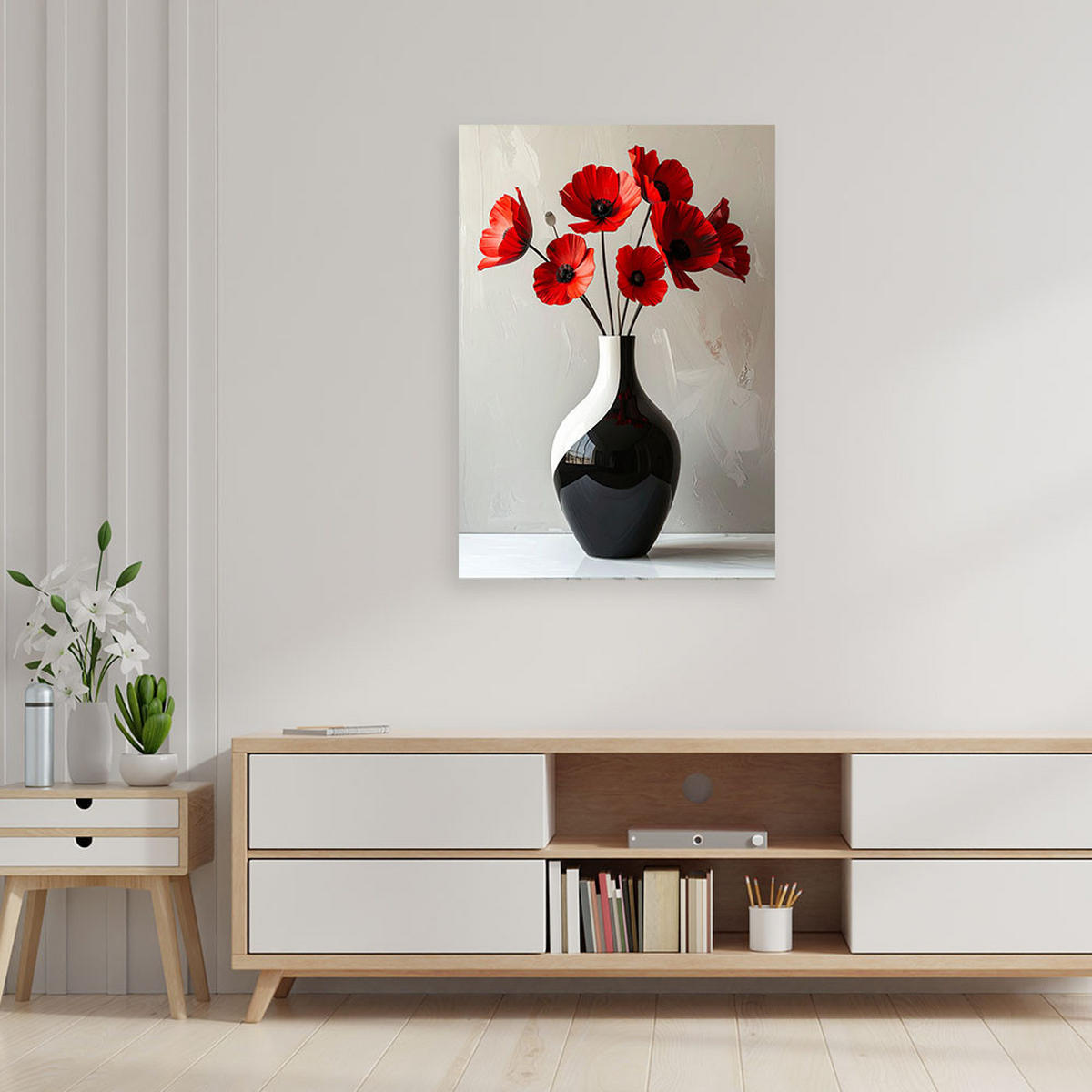 BILD auf Leinwand, Rote Blumen in einer schwarzen Keramikvase - Rot, Textil (20/30cm) - Feeby