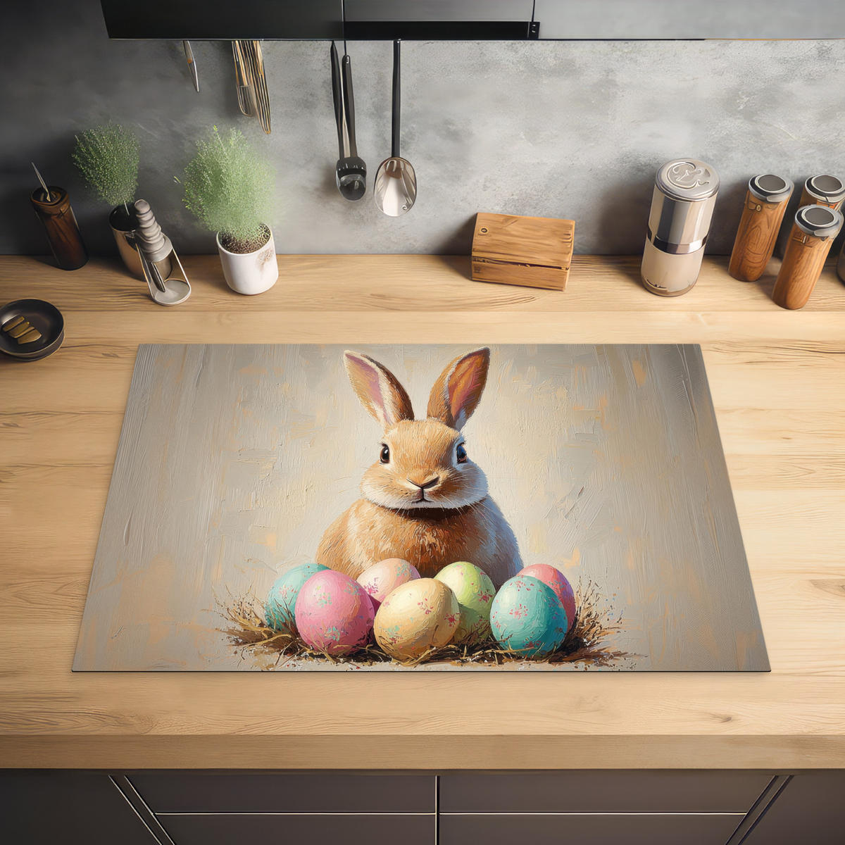 HERDABDECKPLATTE Osterhase - Pastell - Eier Ceranfeldabdeckung 78x52 cm - Beige, Kunststoff (78/52/0.2cm) - MuchoWow