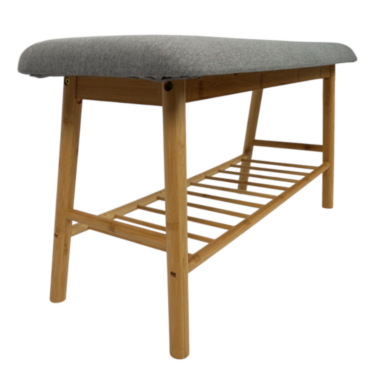 SCHUHBANK Bambus Grau Naturfarbe mit Stoffpolster & Ablage 90/30/43 cm - Grau, Holz/Textil (90/43/30cm) - Begryf