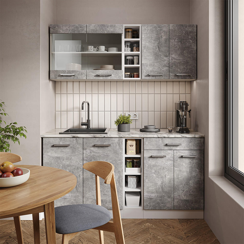 SINGLEKÜCHE R-Line Beton/Weiß 160 cm ohne AP - Schieferfarben/Weiß, Holzwerkstoff (160/81.6/46cm) - Vicco