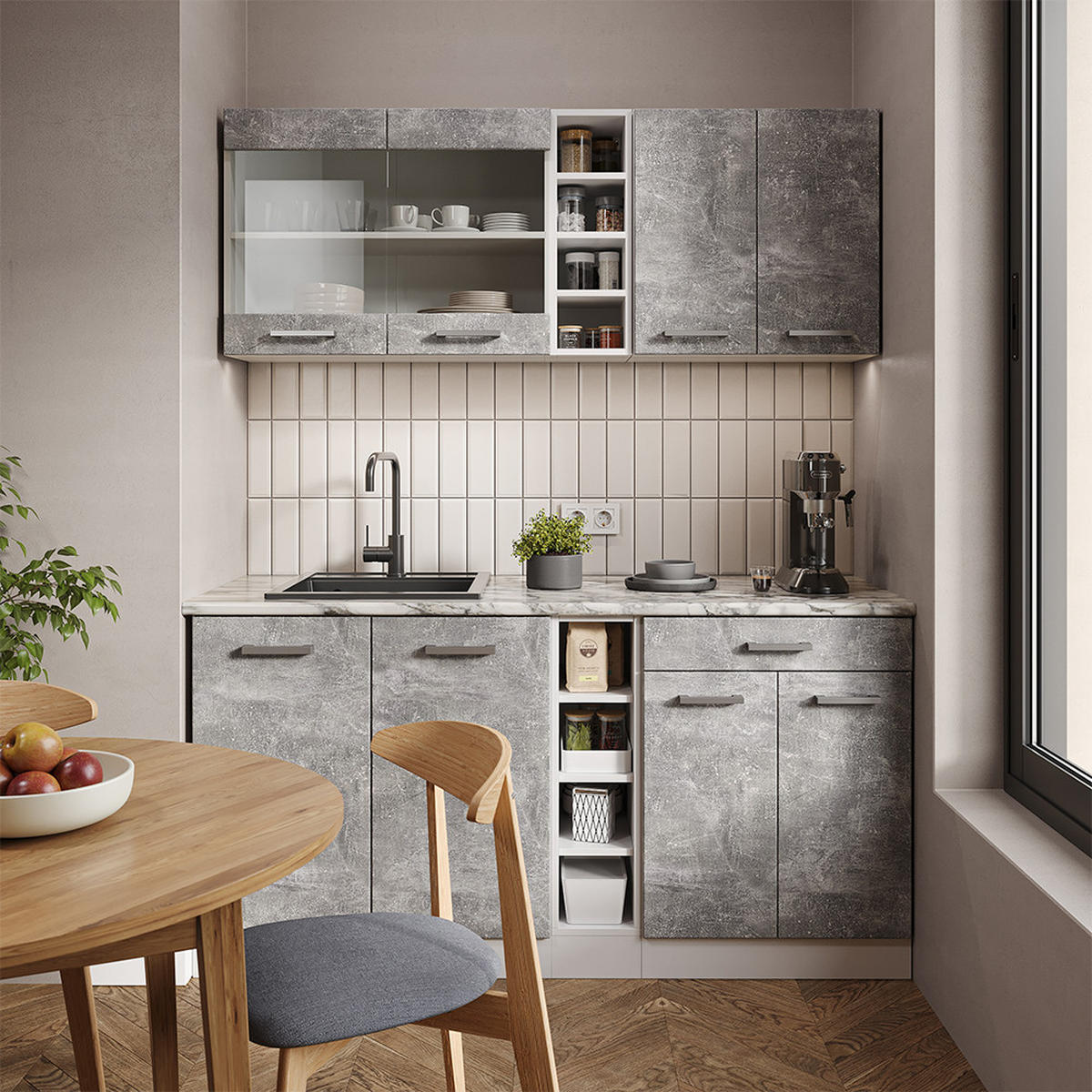 SINGLEKÜCHE R-Line Beton/Weiß 160 cm, AP Eiche - Schieferfarben/Weiß, Holzwerkstoff (160/81.6/60cm) - Vicco
