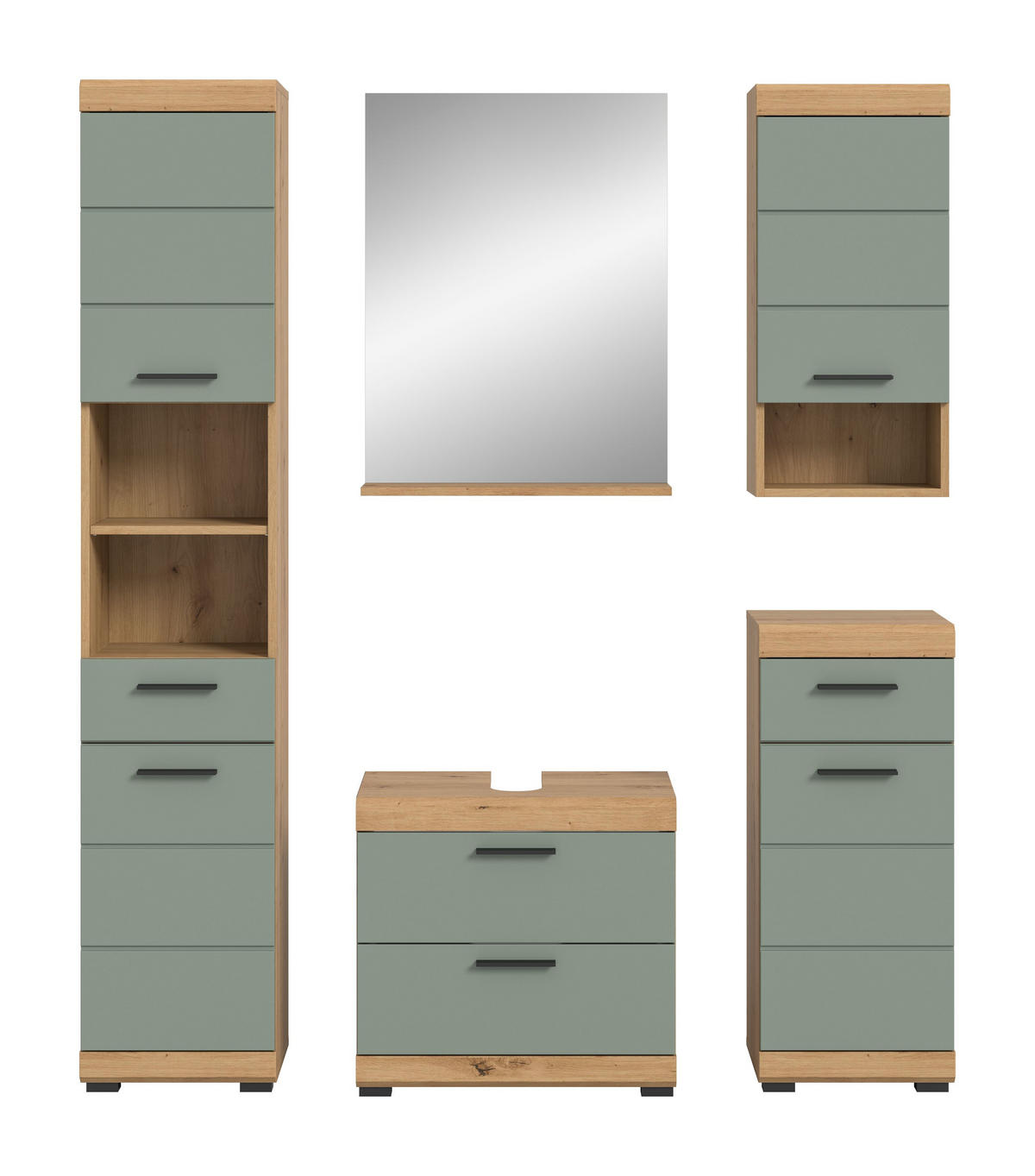 BADKOMBINATION 5tlg. Scout Bad in Artisan Eiche Nachbildung und Salbei Nachbildung B/H/T: 164x191x37 cm - Eiche Artisan, Holz (164/191/37cm)