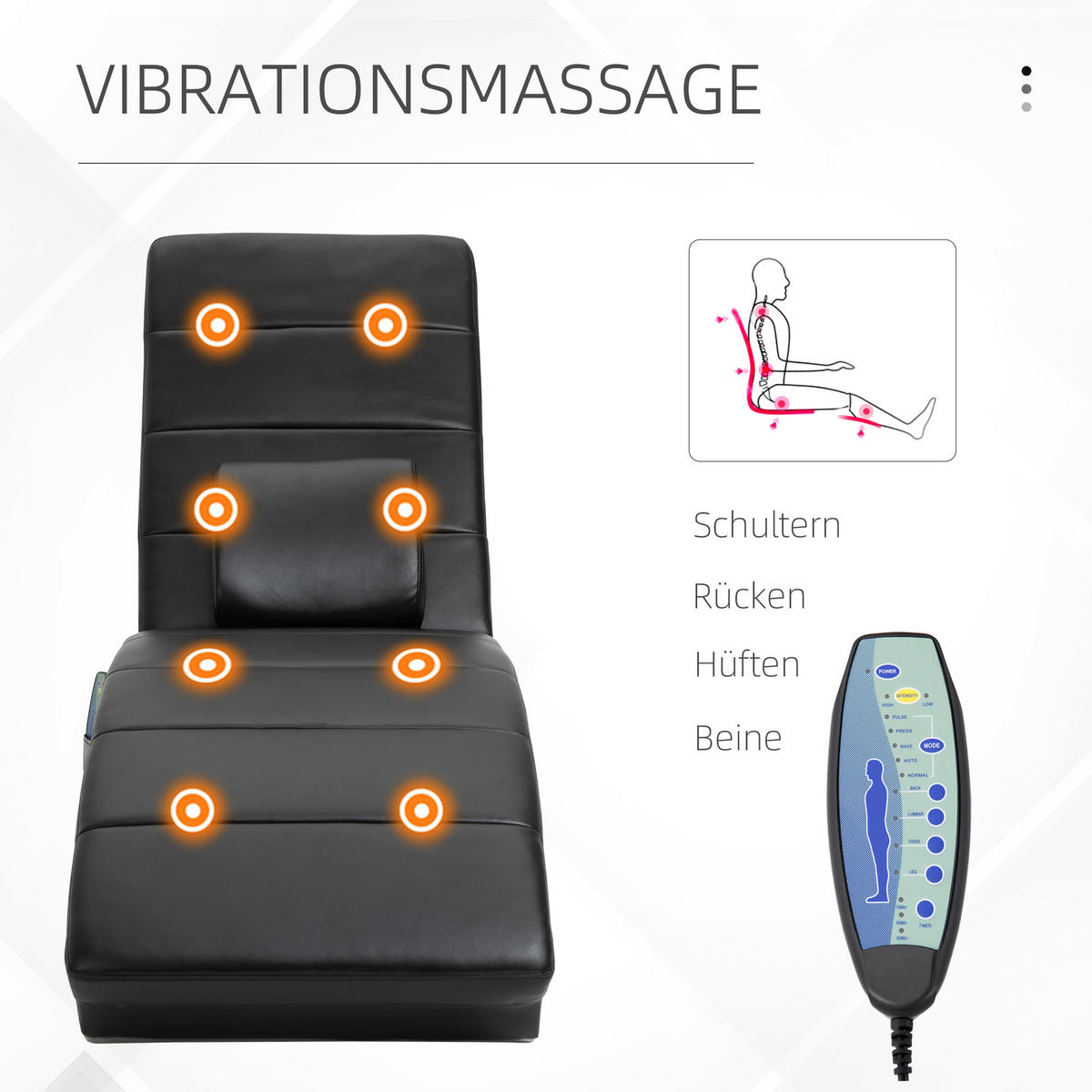 RELAXLIEGE, Massagefunktion, Schwarz - Schwarz, Leder (163/87/58cm) - HOMCOM