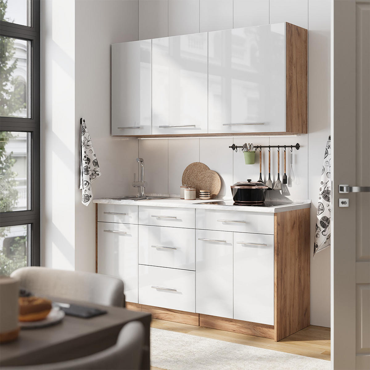 SAMOSTATNÁ KUCHYŇA Fame-Line, Biely vysoký lesk/Dub Goldkraft, 150 cm, AP Marble - biela s vysokým leskom/dub medový, kompozitné drevo (150/82/60cm) - Vicco