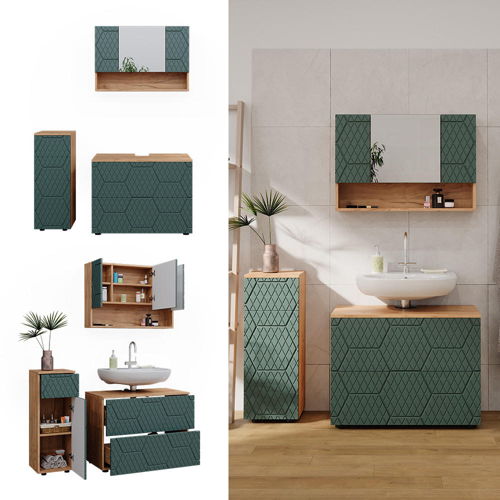 BADMÖBEL-SET Irma Grün 3 Teile, mit Schubladenschrank und Midischrank - Eiche Wotan/Grün, Holzwerkstoff (80/58.6/41cm) - Vicco
