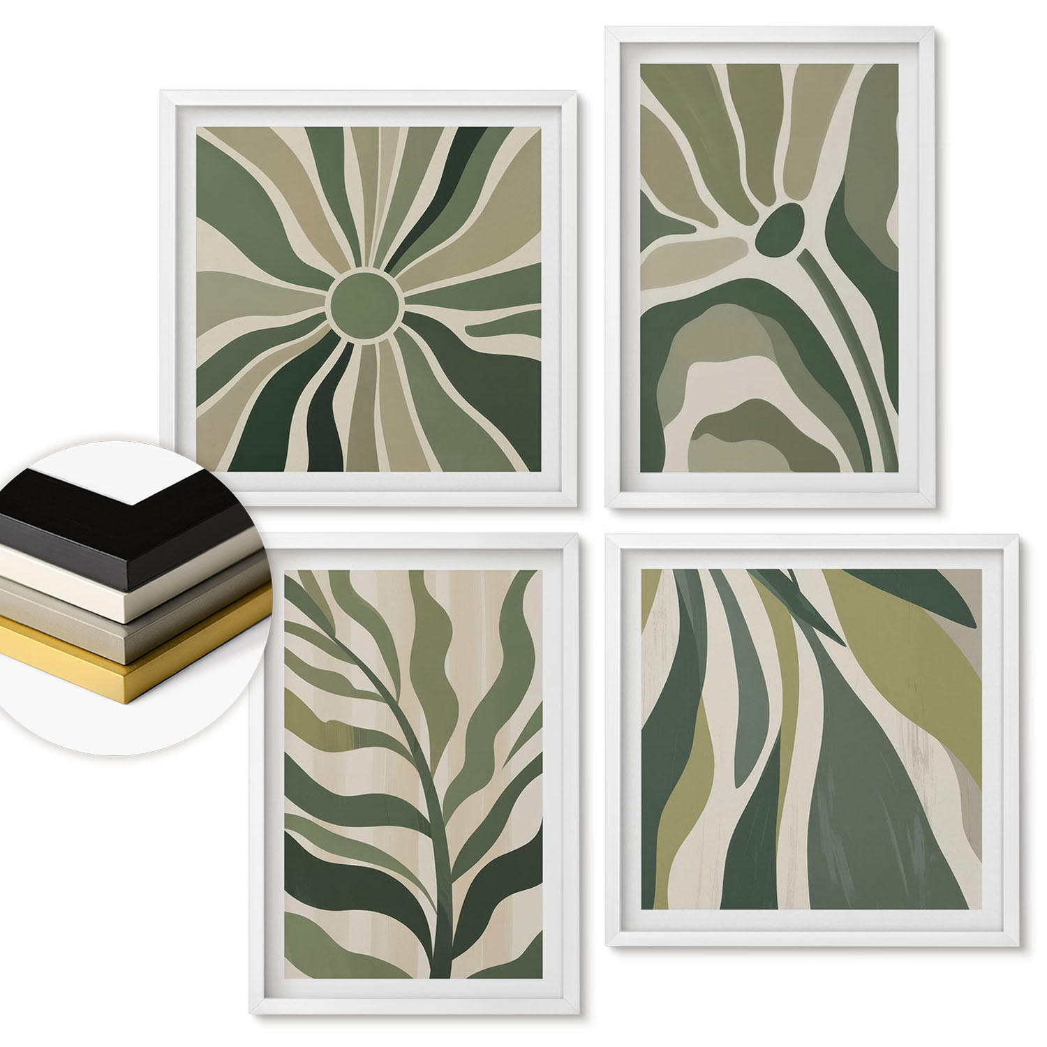 WANDBILDER 4er-Set - 50x50 cm & 40x60 cm Weißer Rahmen - Bemalte Blätter mit Grün - Weiß, Kunststoff (50/50cm) - ArtPrintCave