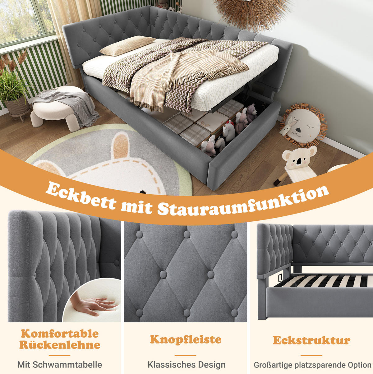 POLSTERBETT 90/190 cm Grau aus Samt mit Stauraum - Grau, Textil (90/190cm) - OKMYHOME