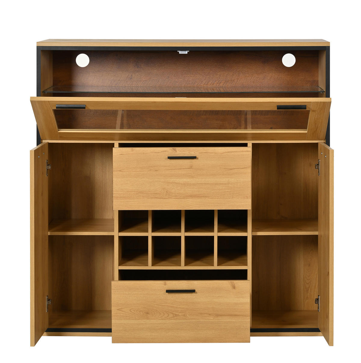 KOMODA za vino, 110/38/111 cm, iveral u prirodnoj i crnoj boji, s LED rasvjetom - prirodne boje, drvni materijal (110/111/38cm) - BEAOK