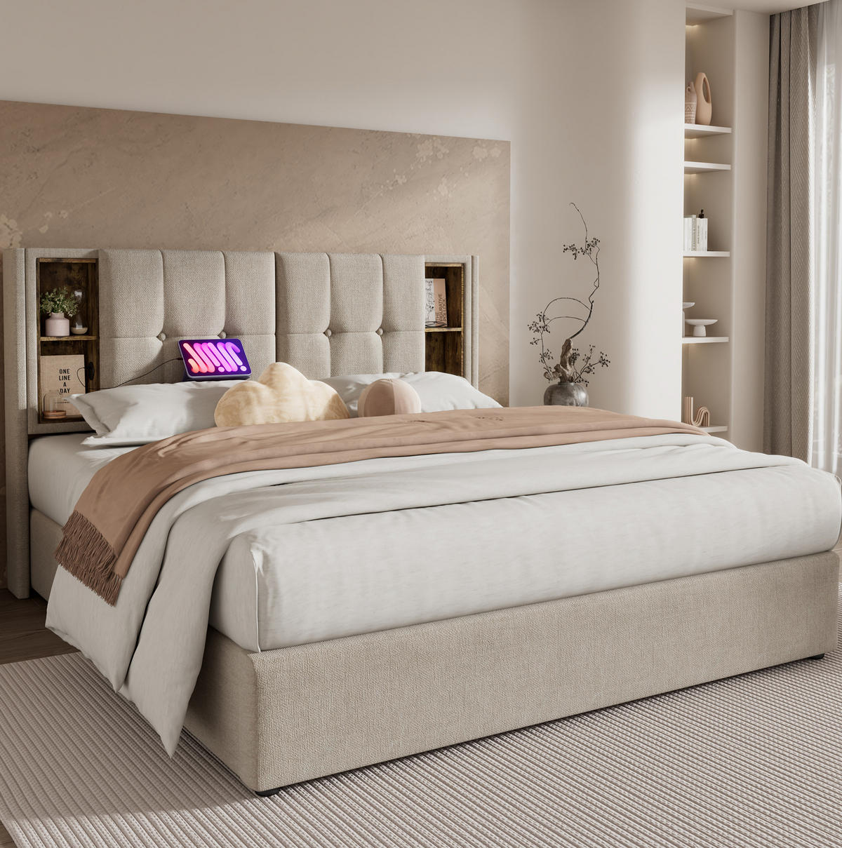 POLSTERBETT 140/200 cm in Natur mit Stauraum und USB- und Type-C-Anschlüssen - Naturfarben, Textil (140/200cm) - Flora Grace