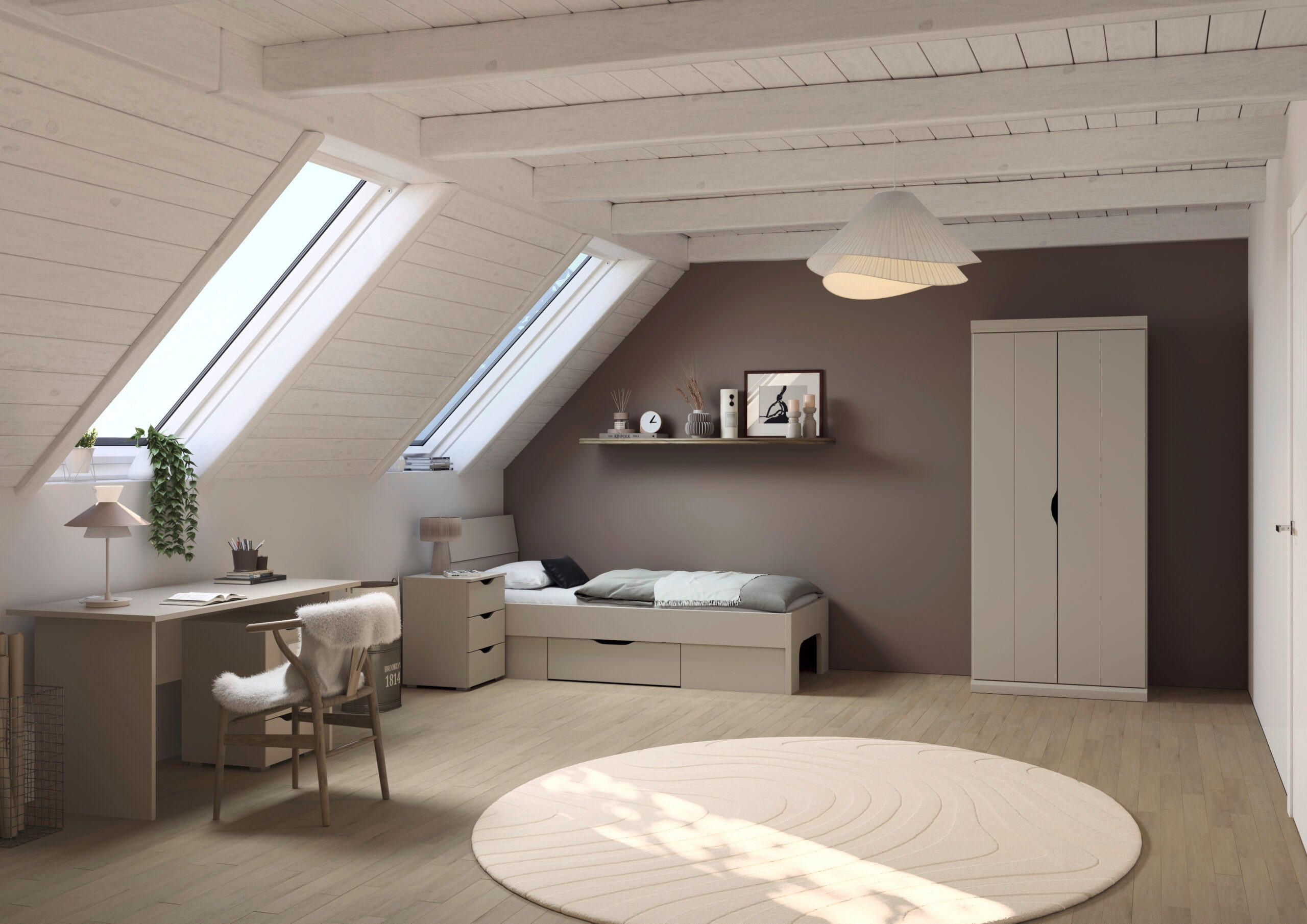 JUGENDZIMMER Frieda in Beige 5-teilig mit 2 türigem Kleiderschrank ohne Schubkästen, 90er Jugendbett, Nachttisch, Schreibtisch mit Container - Beige, Holzwerkstoff (80/200/120cm)