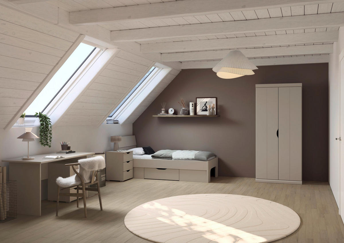 JUGENDZIMMER Frieda in Beige 5-teilig mit 2 türigem Kleiderschrank ohne Schubkästen, 90er Jugendbett, Nachttisch, Schreibtisch mit Container - Beige, Holzwerkstoff (80/200/120cm)