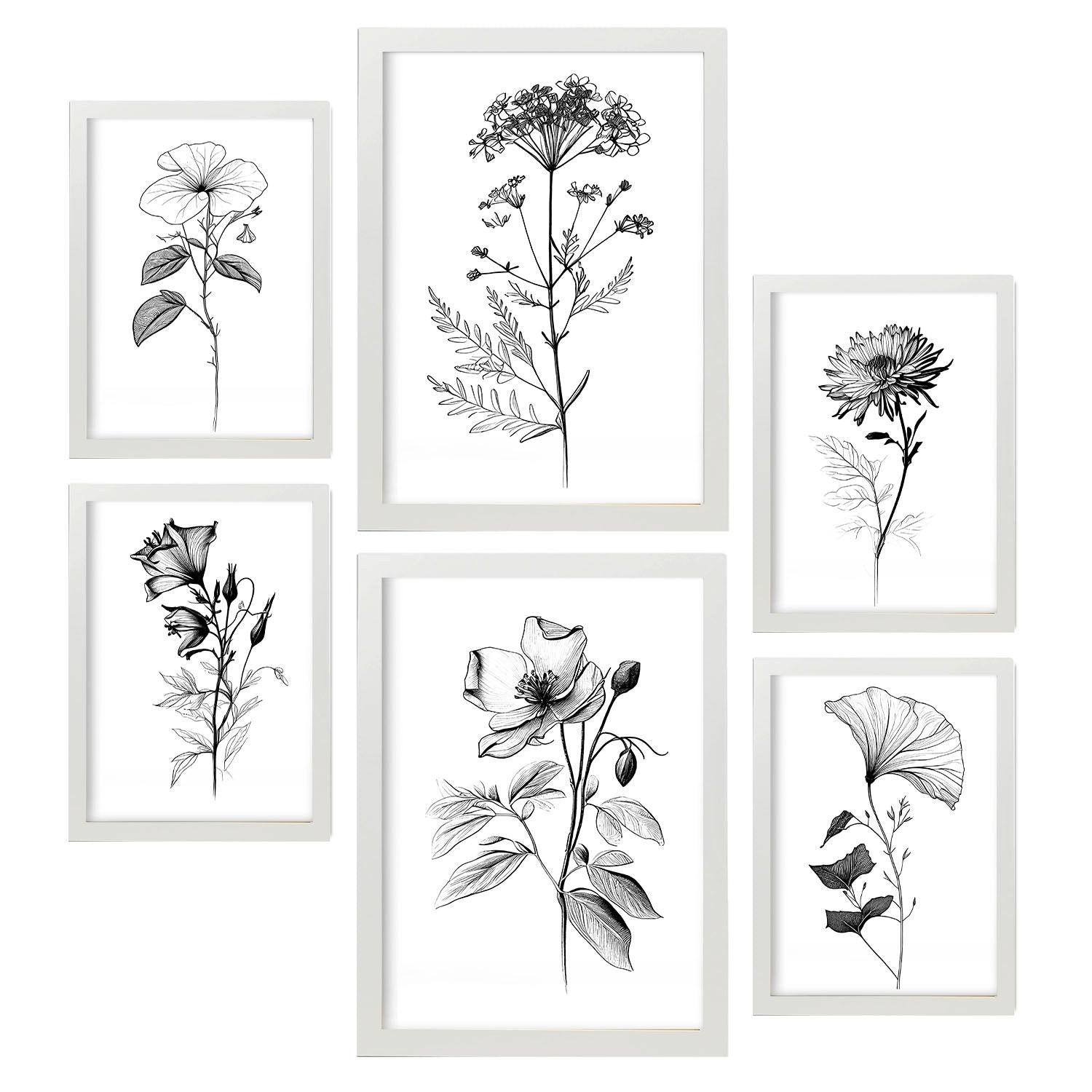 POSTER Set Mit 6 Blühende Blumen Natur Und Botanikdrucke Mit Blumenmotiven In Klassischem Schwarz Und Weiß Innenarchitektur A3 & A4 Weißer Rahmen - Weiß, Papier (29/3cm) - Nacnic