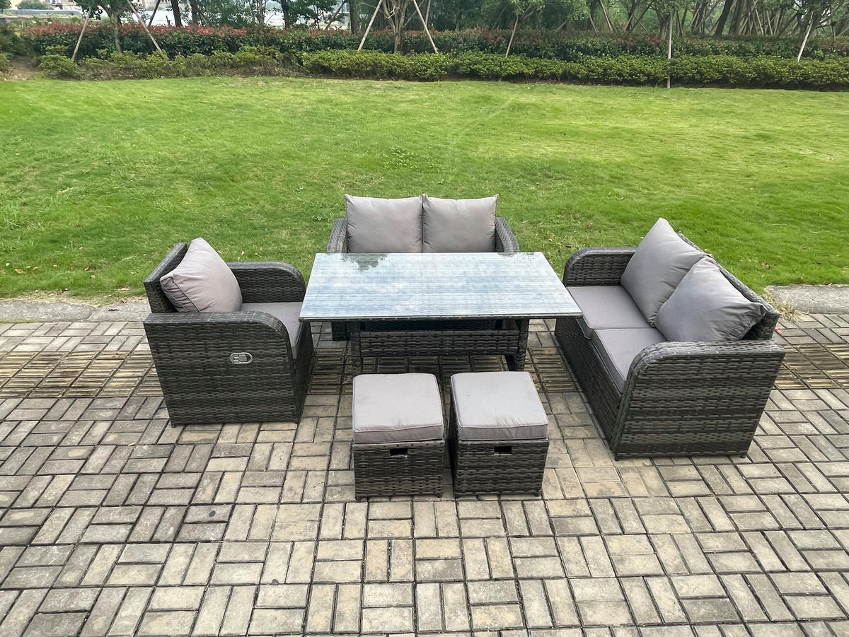 GARTENGARNITUR mit Liegestuhl,Esstisch,2 Hockern Polyrattan Dunkelgrau 7-Sitzer - Dunkelgrau/Grau, Glas/Kunststoff - Fimous