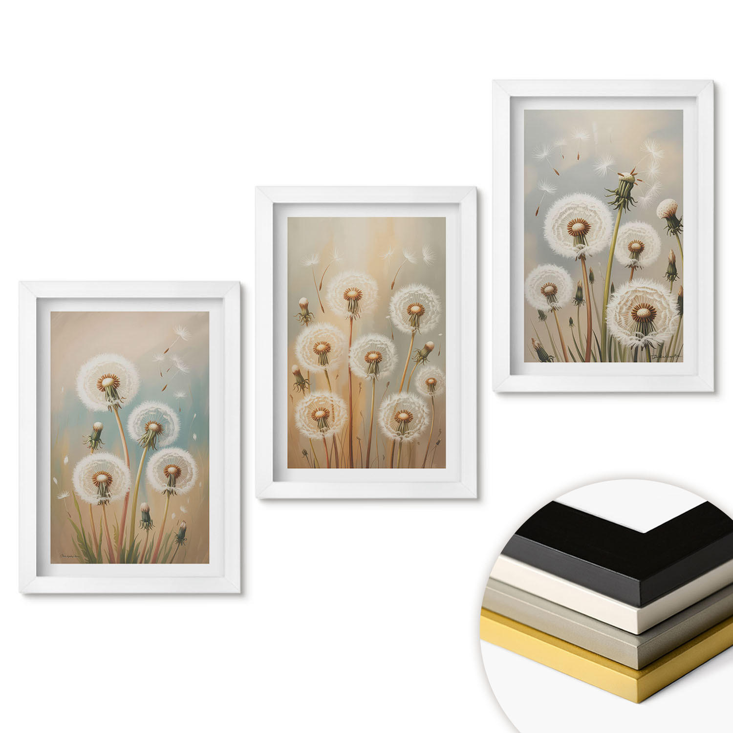 WANDBILDER 3er-Set - 20x30 cm Weißer Rahmen - Pastellfarbene Löwenzahnblüten - Weiß, Kunststoff (20/30cm) - ArtPrintCave