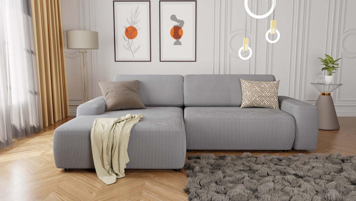 ECKSOFA Nancy Hellgrau Cord - Hellgrau/Schwarz, Holz/Kunststoff (264/162cm) - S-Style Möbel