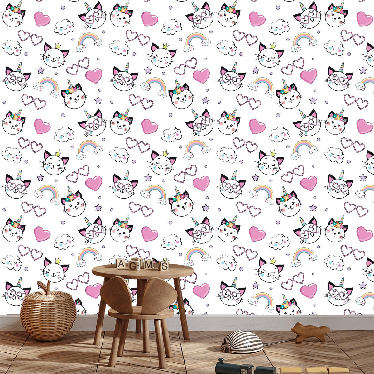 VLIESTAPETE Katzen, Regenbogen und Herzen – Rosa, Schwarz, Weiß – 50x1000 cm - Schwarz/Rosa, Papier (50/1000cm) - Muralo