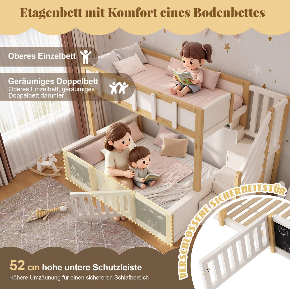 ETAGENBETT aus Massivholz, MDF und Sperrholz 90x200/140x200 cm Weiß/Natur mit Stauraumtreppe - Weiß, Holz (90/200cm) - Modfu