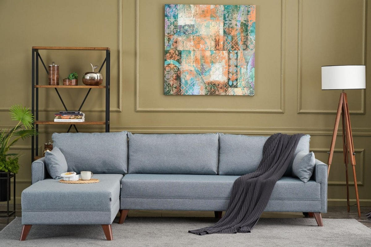 ECKSOFA mit losen Rückenkissen und Schlaffläche - Blau/Walnussfarben, Holz/Kunststoff (275/165cm) - myHomelando