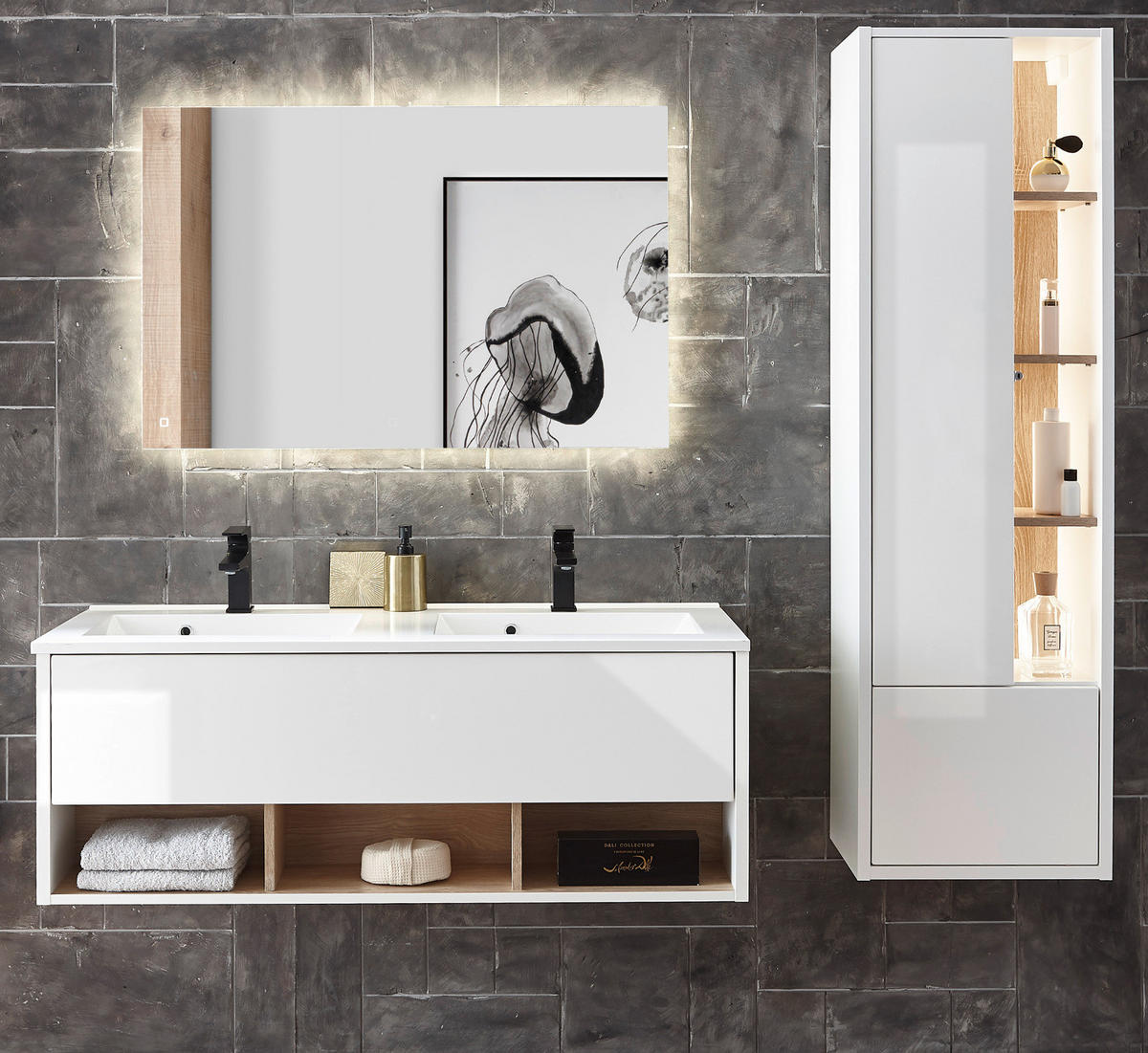 BADMÖBEL-SET weiß Hochglanz, Eiche mit Doppelwaschbecken und LED Beleuchtung 175 cm - Weiß Hochglanz/Eichefarben, Glas/Holzwerkstoff (175/190/47cm) - Furn.Design