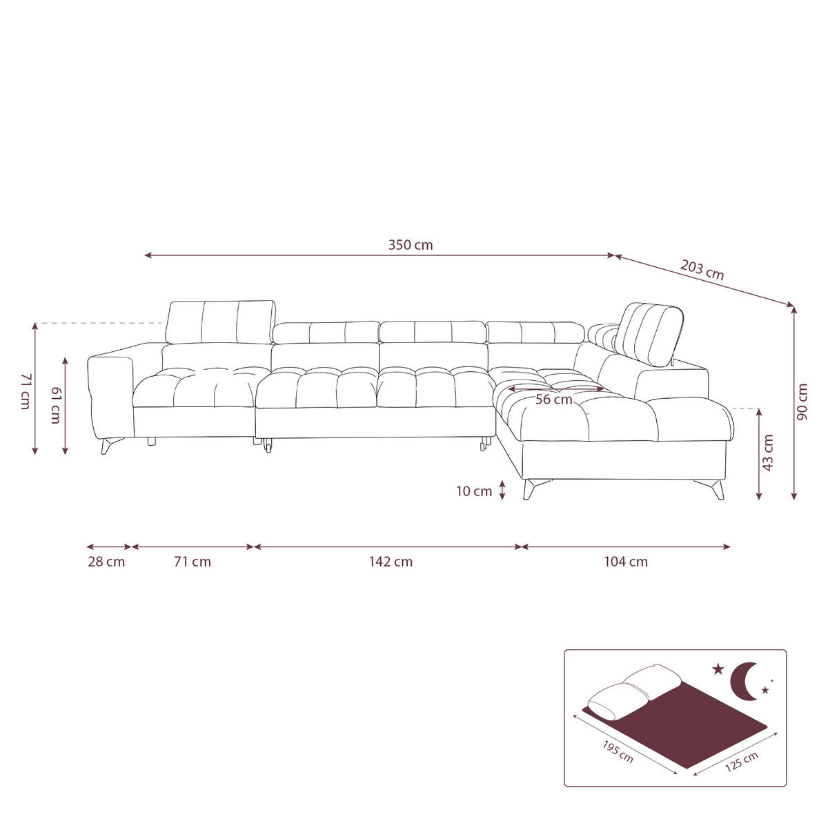 ECKSOFA PUDDING MAXI L Rechts mit Schlaffunktion 125x195 Velours Dunkelgrau - Dunkelgrau/Schwarz, Holz/Textil (350/203cm) - Muffo