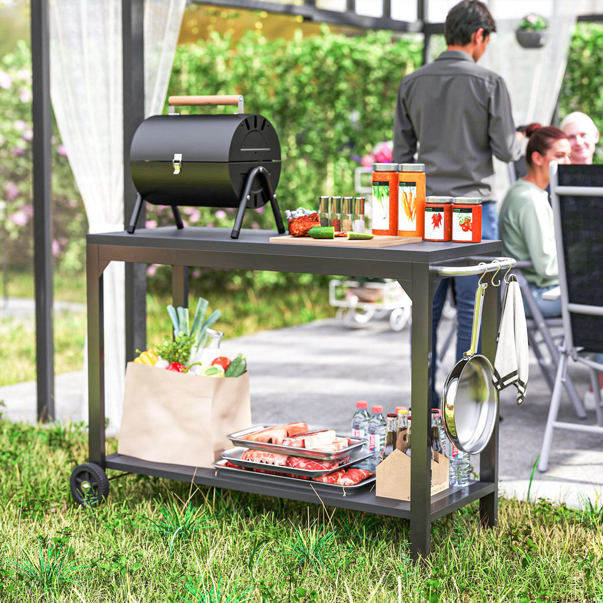 GRILLWAGEN DE-13779 mit Arbeitsplatte und Rollen Schwarz - Schwarz, Metall (55/86.5/135cm) - ComfortXL