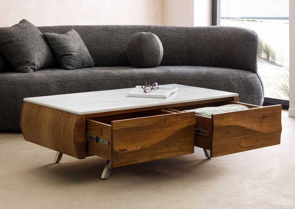 COUCHTISCH Akazie 124x60x40 natur lackiert / Marmor weiß MONTREAL #130 - Braun, Holzwerkstoff (124/60/40cm) - Massivmoebel24