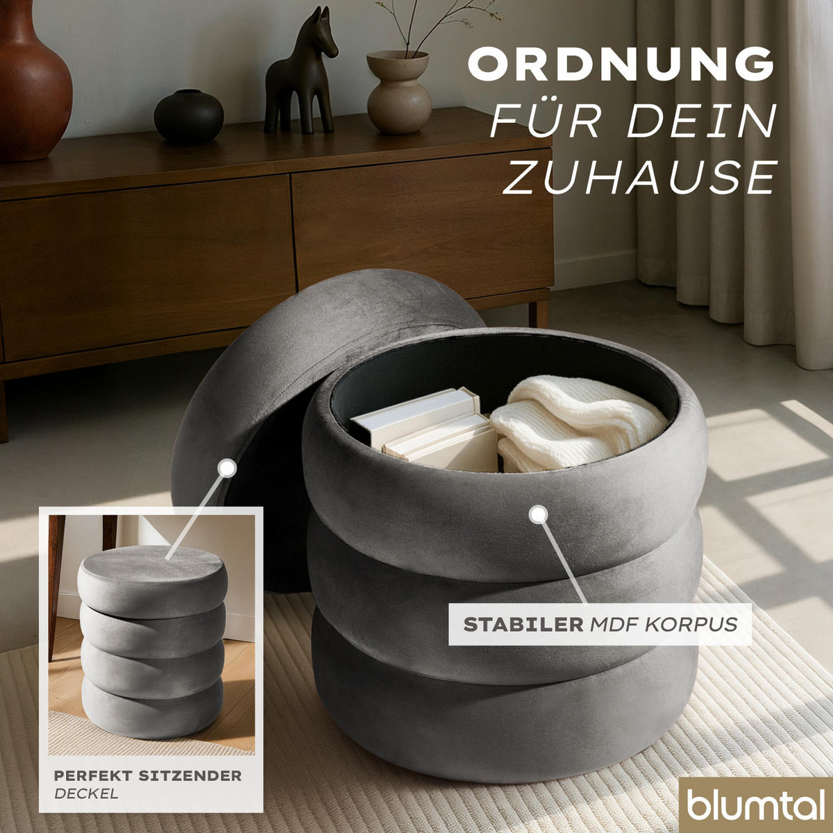 SAMTHOCKER mit Stauraum Rund – Samt Pouf Grau - Grau, Textil (42/47/42cm) - Blumtal