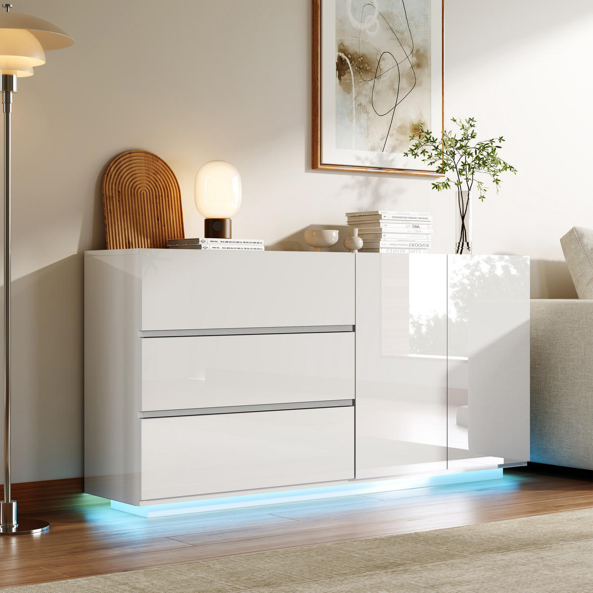 SIDEBOARD WEISS Hochglanz mit LED-Beleuchtung, 3 Schubladen & 2 Türen - Weiß, Holzwerkstoff (35/76/160cm) - SHOPENTRA