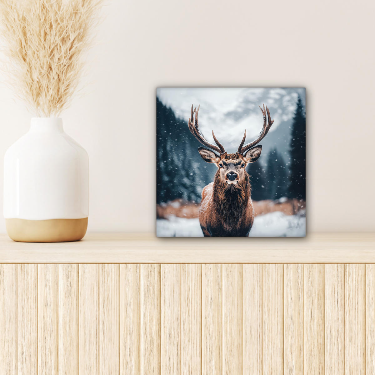 LEINWANDBILD Hirsche - Tiere - Landschaft - Winter - Schnee 20x20 cm - Kastanienfarben, Textil (20/20cm) - MuchoWow