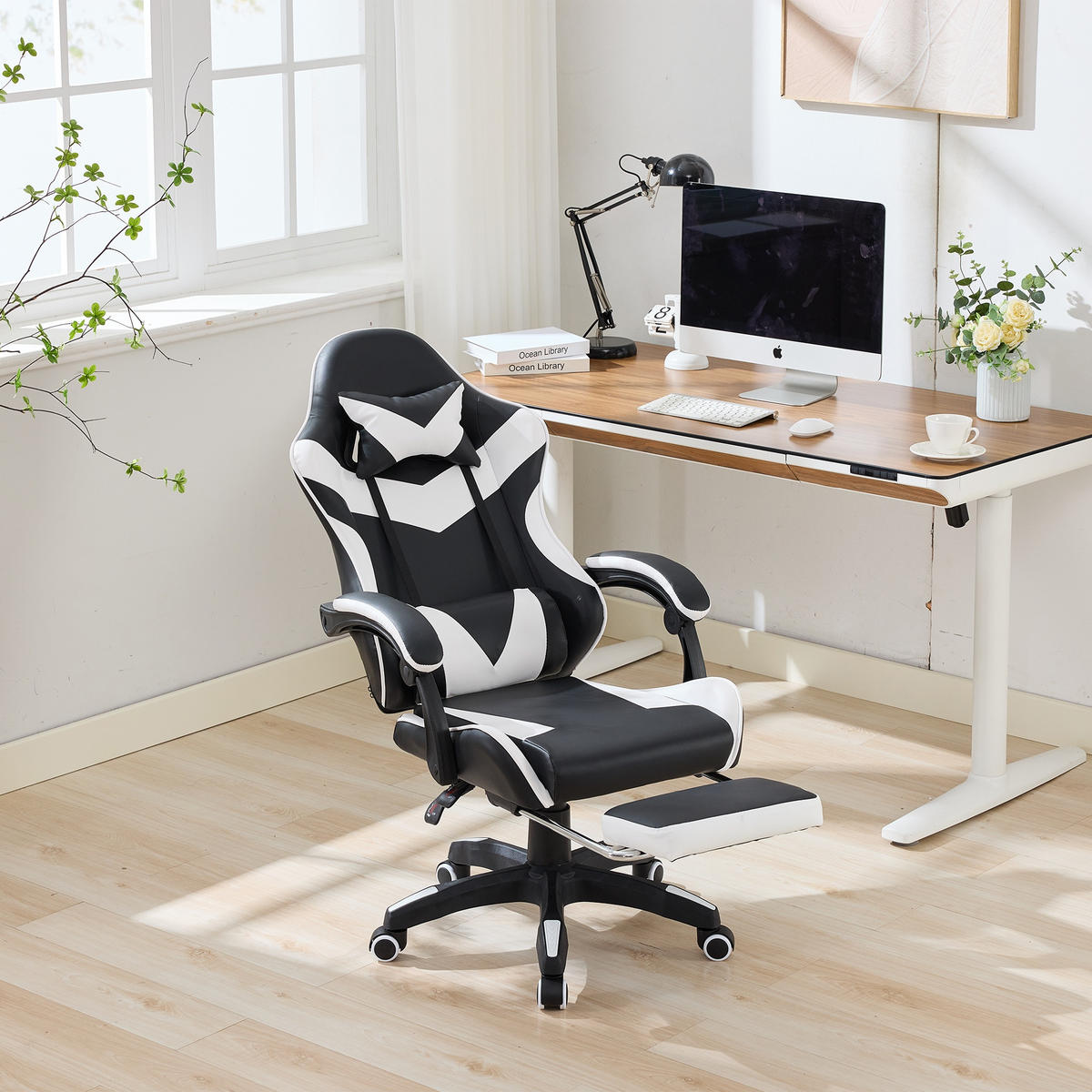 DREHSTUHL B64 / T58 / H116.5-126 cm,, Rennsport‑Design, höhenverstellbar & neigbar, mit Fußstütze,Weiß - Weiß, Kunststoff (58/116.5/64.5cm) - Redom