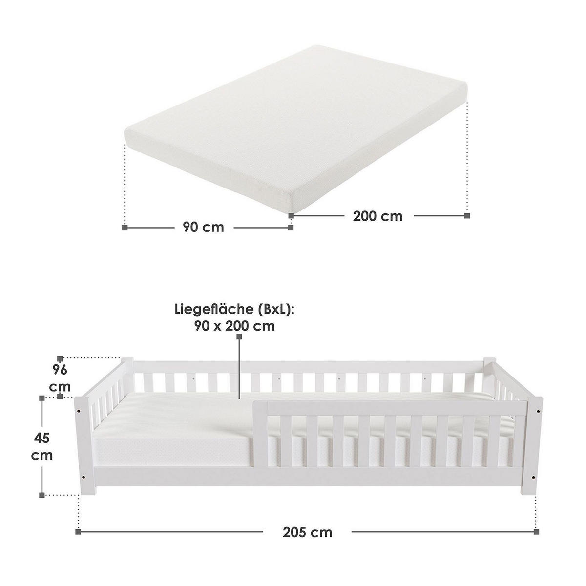 KINDERBETT Naya weiß mit Matratze 90x200 cm - Weiß, Holz (90/200cm) - Juskys