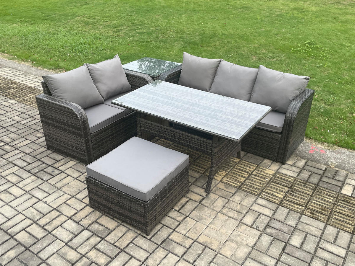 Gartenmöbelset mit Esstisch,Zweisitzer,Hocker,Beistelltisch Polyrattan Dunkelgrau 6-Sitzer - Dunkelgrau/Grau, Glas/Kunststoff - Fimous