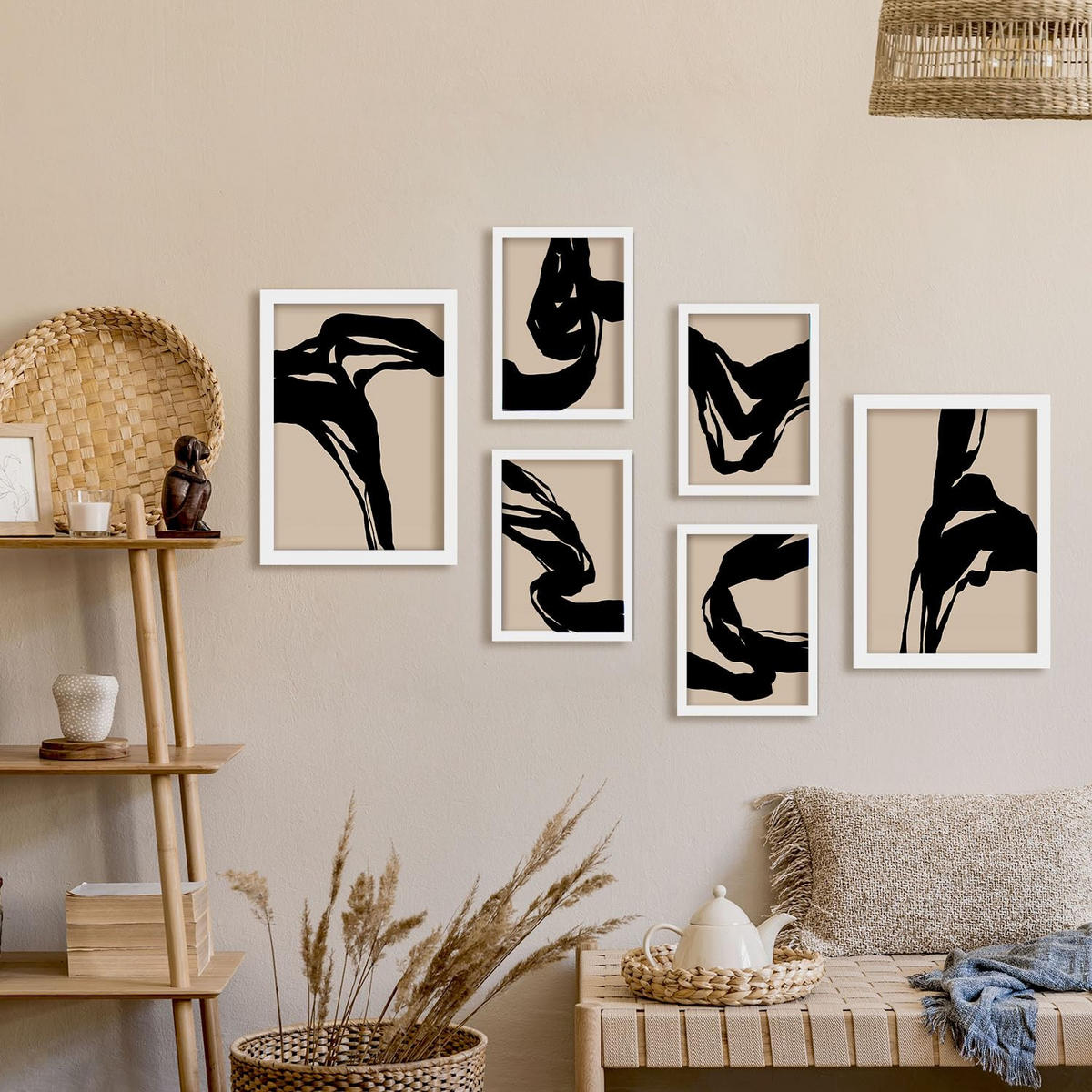 POSTER Set Mit 6 Kraftvoll In Abstrakter Form Ästhetische Dekorative Gemälde Für Ihr Wohnzimmer, Schlafzimmer Oder Zuhause A3 & A4 Weißer Rahmen - Weiß, Papier (29/3cm) - Nacnic