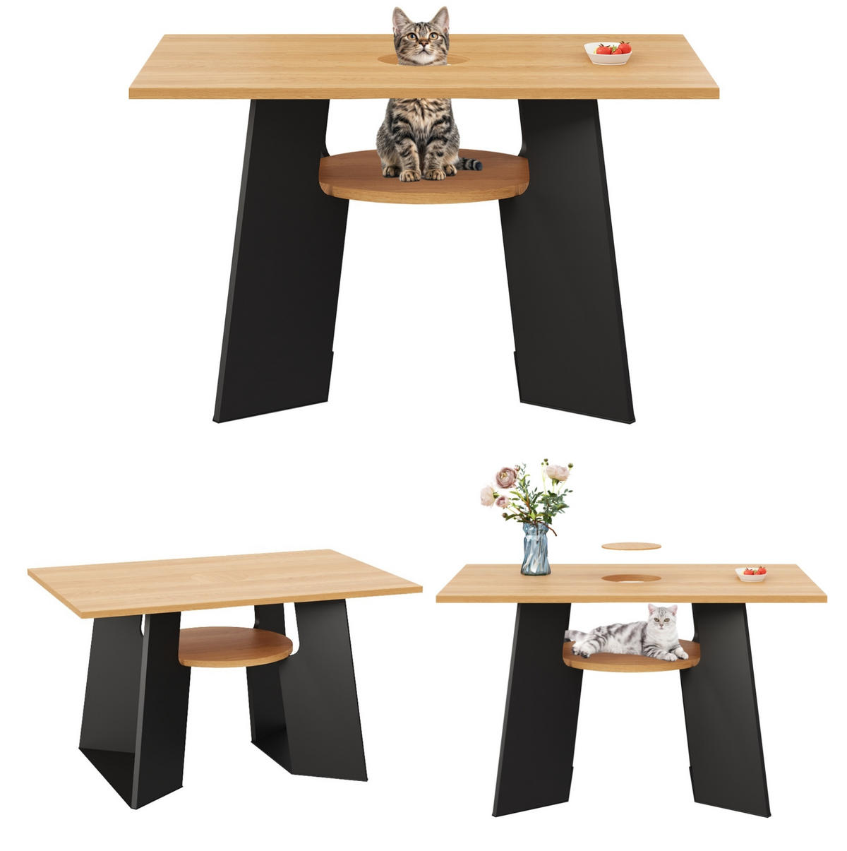 ESSTISCH 130/85/75 cm haustierfreundlich in Schwarz-Natur mit Ablagebrettchen - Schwarz, Holzwerkstoff (130/85/75cm) - OKWISH