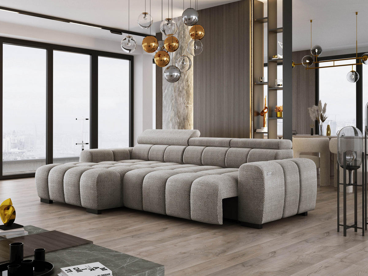 ECKSOFA OMBO 285x168x77/97 cm, Links, Schlaffunktion, elektr. Sitz, Kopfstützen, hydrophober EDEN-Stoff – Grau - Grau, Holz/Textil (168/285cm) - DomoHome