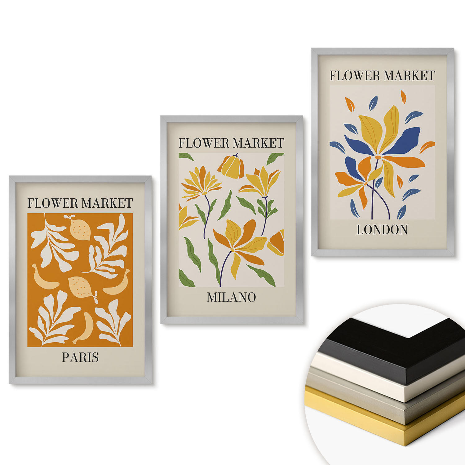 WANDBILDER 3er Set - 40x60 cm Silberner Rahmen - Blumenposter Paris Mailand London - Silberfarben, Kunststoff (40/60cm) - ArtPrintCave