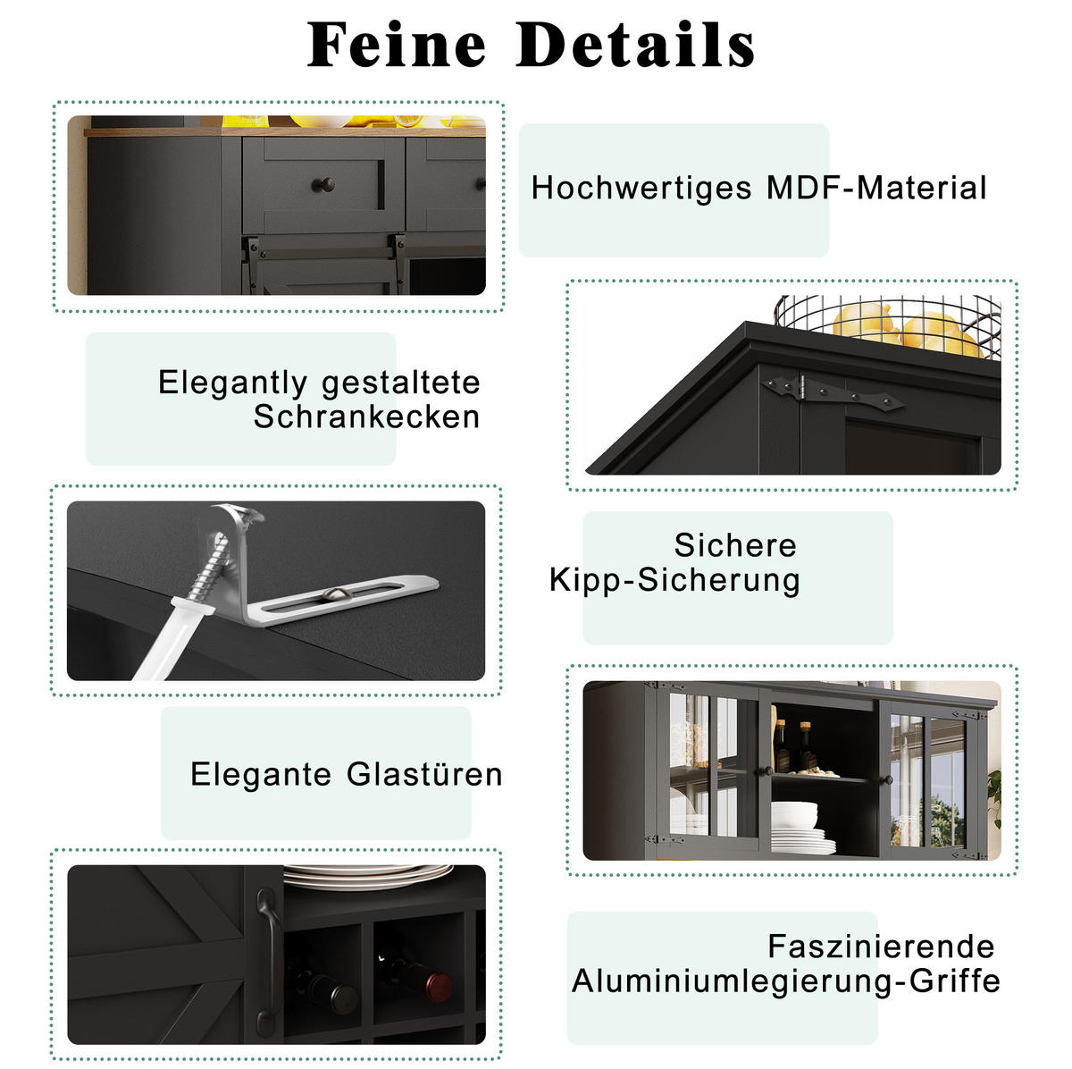 BUFFET 105/180/38,4 cm Schwarz aus MDF mit LED-Beleuchtung - Schwarz, Holzwerkstoff (38.4/180/105cm) - OKMYHOME