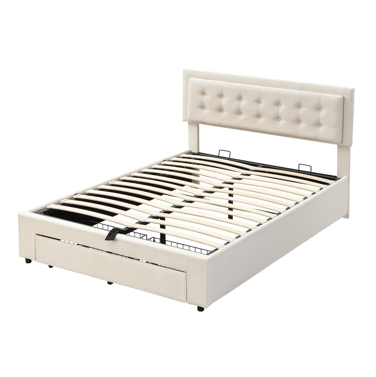 POLSTERBETT 140/190 cm beige aus Samt mit Stauraum und verstellbarem Kopfteil - Beige, Textil (140/190cm) - OKWISH
