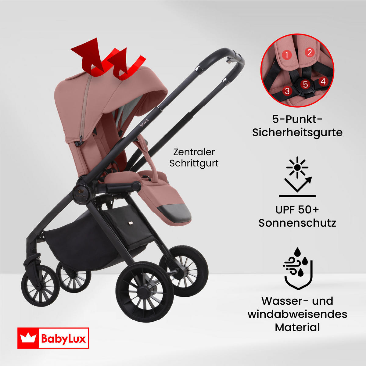 BUGGY Scale, Klein und Leicht, Teleskopische Führung, Kompakt Faltbar, Wickeltasche, Reisetasche - Schwarz/Rosa, Textil/Metall (58/100cm) - BabyLux
