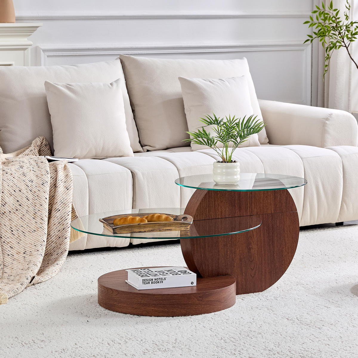 COUCHTISCH in Walnussfarbe Wohnzimmertisch mit zwei Ebenen aus Sicherheitsglas für Wohnzimmer, B90/T70/H44 cm - Transparent/Walnussfarben, Glas/Holzwerkstoff (90/90/44cm) - STILVORA