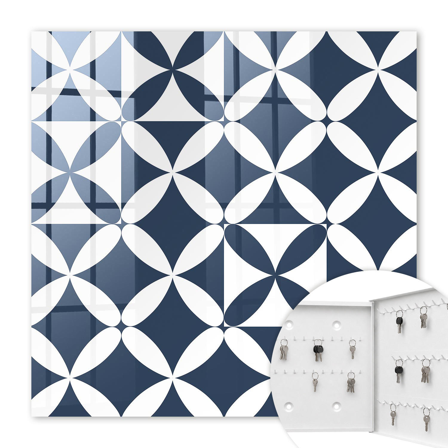 SCHLÜSSELBOX Weiß 30x30 cm – Türöffnung nach rechts - Geometrische Eleganz - Dunkelblau, Metall (30/30/5cm) - TULUP