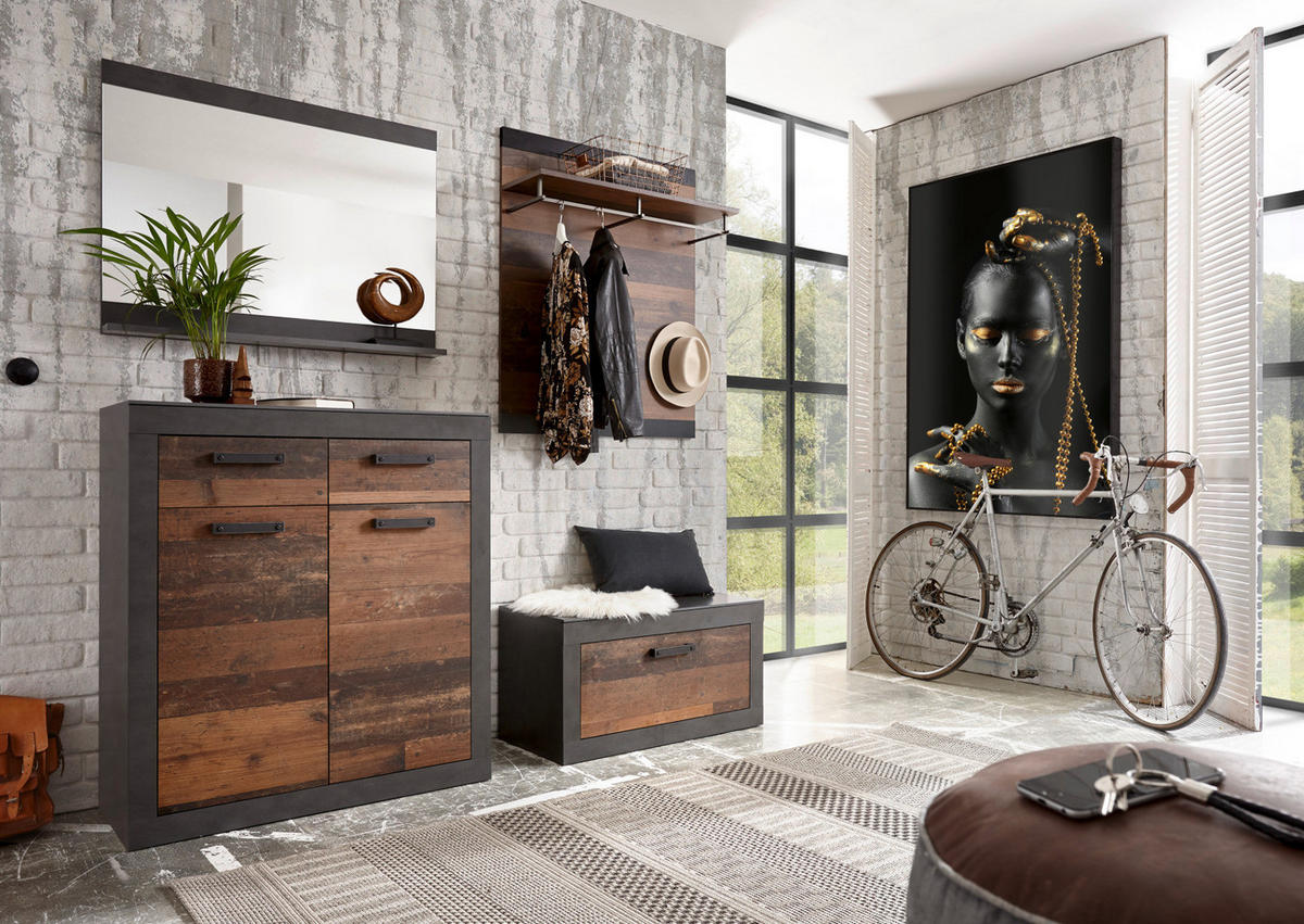 GARDEROBE Set 4-teilig Used Wood Shabby, Matera grau 192 cm - Silberfarben/Naturfarben, Glas/Holzwerkstoff (192/200/40cm) - Furn.Design