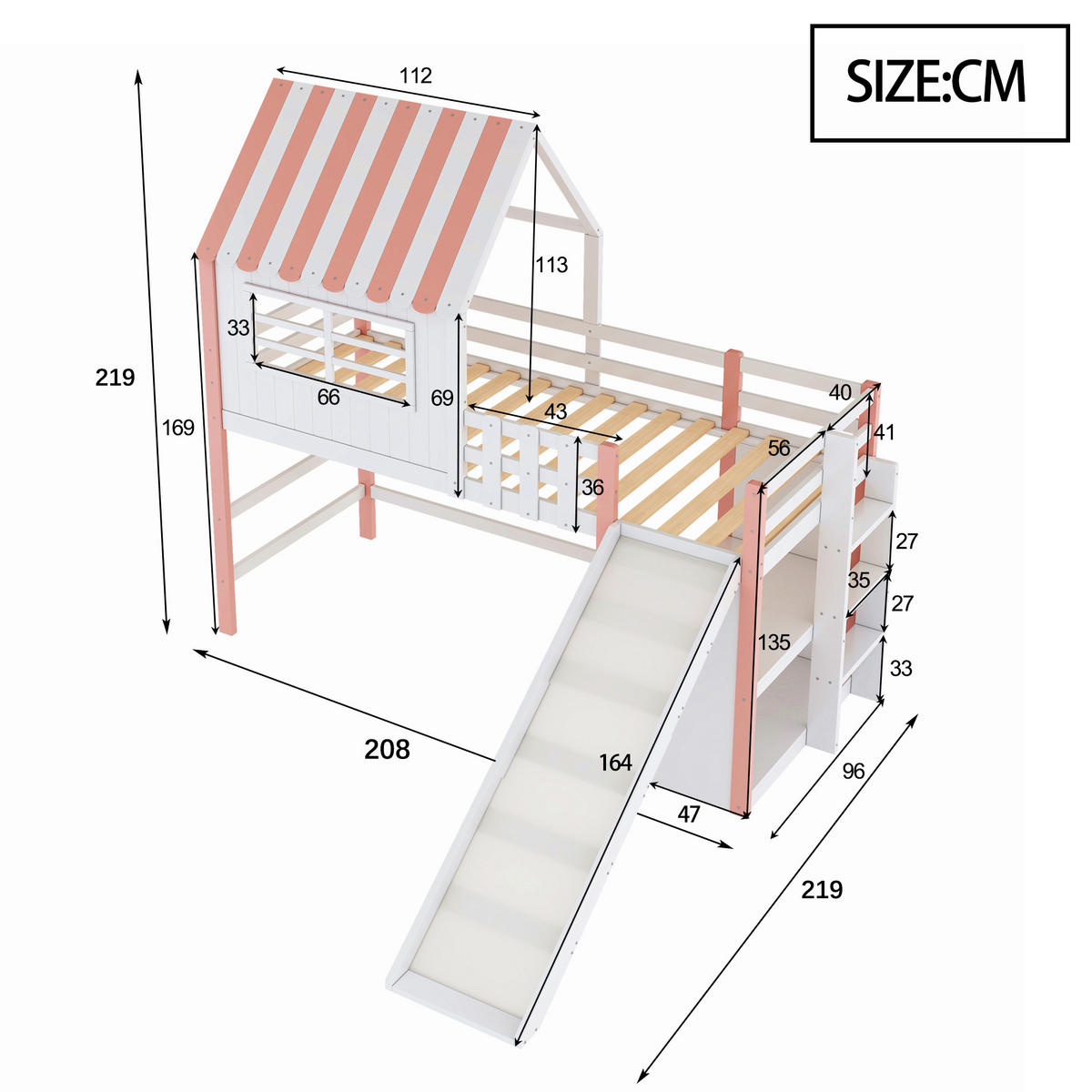 HOCHBETT 90/200 cm Rosa Dachboden-Design mit Rutsche und Staufächern - Rosa, Holz (90/200cm) - OKWISH