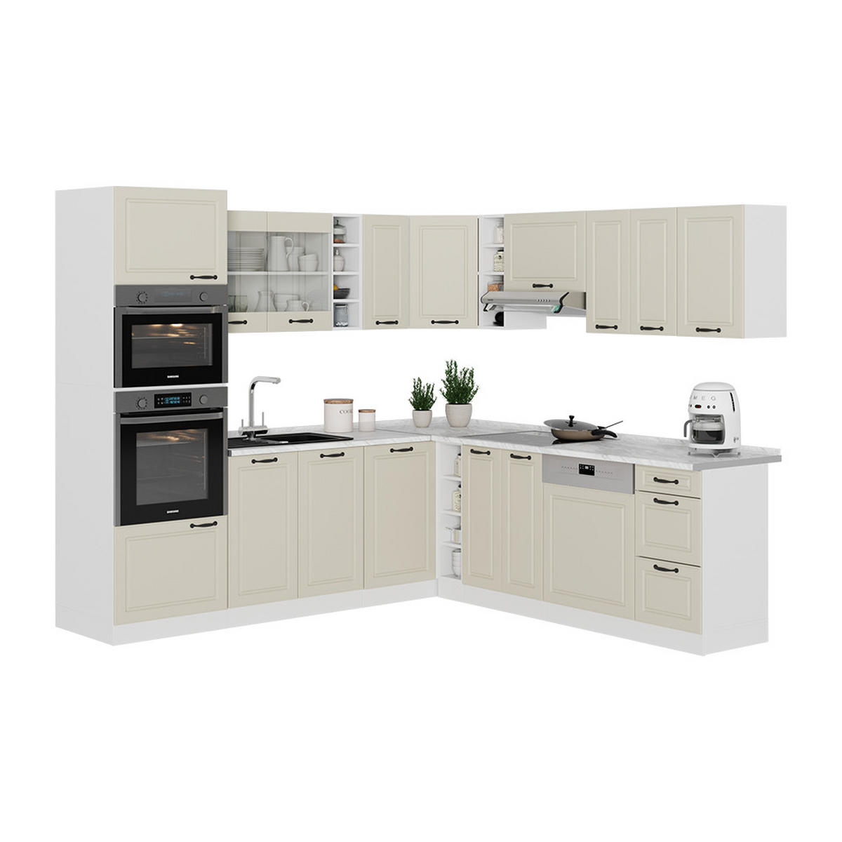 ECKKÜCHE R-Line, Sand Landhaus/Weiß, 247 x 237 cm - Beige/Weiß, Holzwerkstoff (247/206.8/46cm) - Vicco
